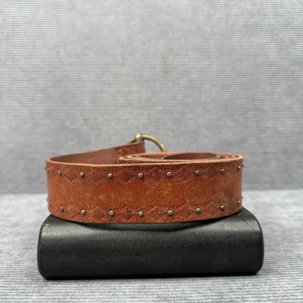 Vintage Brown Studded Leather Belt Brass O-Ring Buckle Western Boho 42 Inch